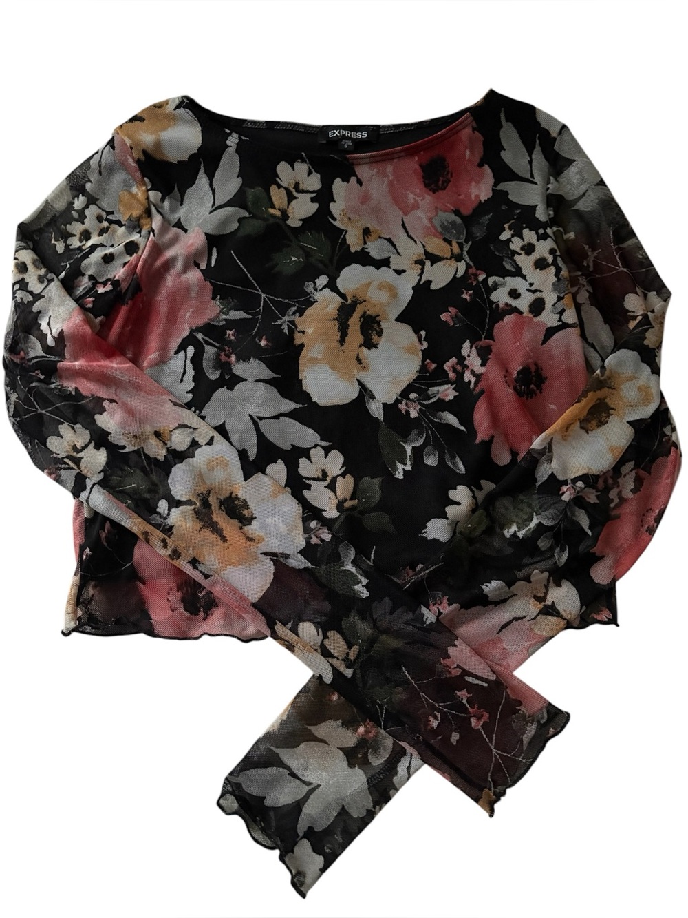 Express-Floral Sheer Mesh Long Sleeve Top Black & Pink 🖤💕 Romantic 🌸